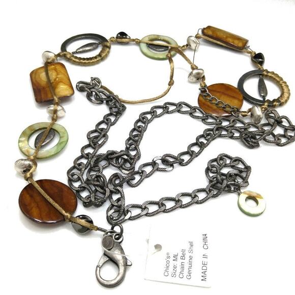 Chico’s Shell Chain Belt NWT 56" Brown Green Metal Loops Versatile Necklace - Picture 1 of 3